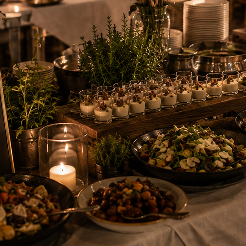 Nahaufnahme des Buffets Buffet mit Salaten und kleinen Speisen in Gläsern