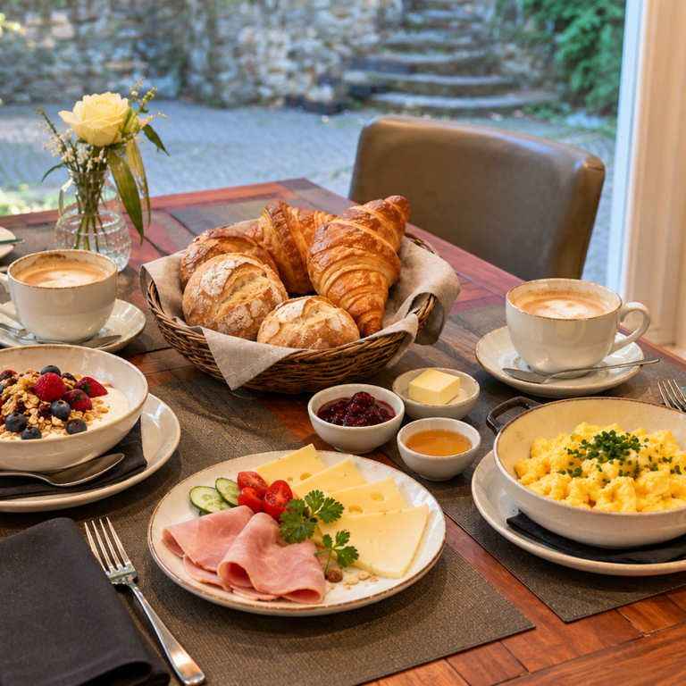Frühstück im VIS A VIS Frühstückstisch mit Brötchen, Croissants, Käse, Schinken, Rührei und Kaffee am Fenster.