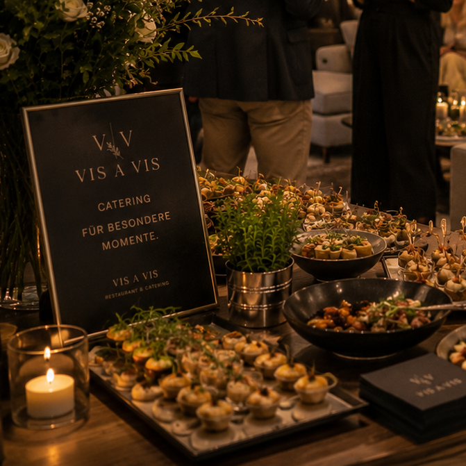Buffet für private Feiern mit Fingerfood, Salaten und Kerzendekoration