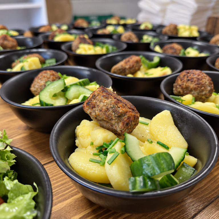 Kartoffelsalat und kleine Bratlinge Kartoffel-Gurken-Salat mit kleinen Bratlingen in schwarzen Schalen