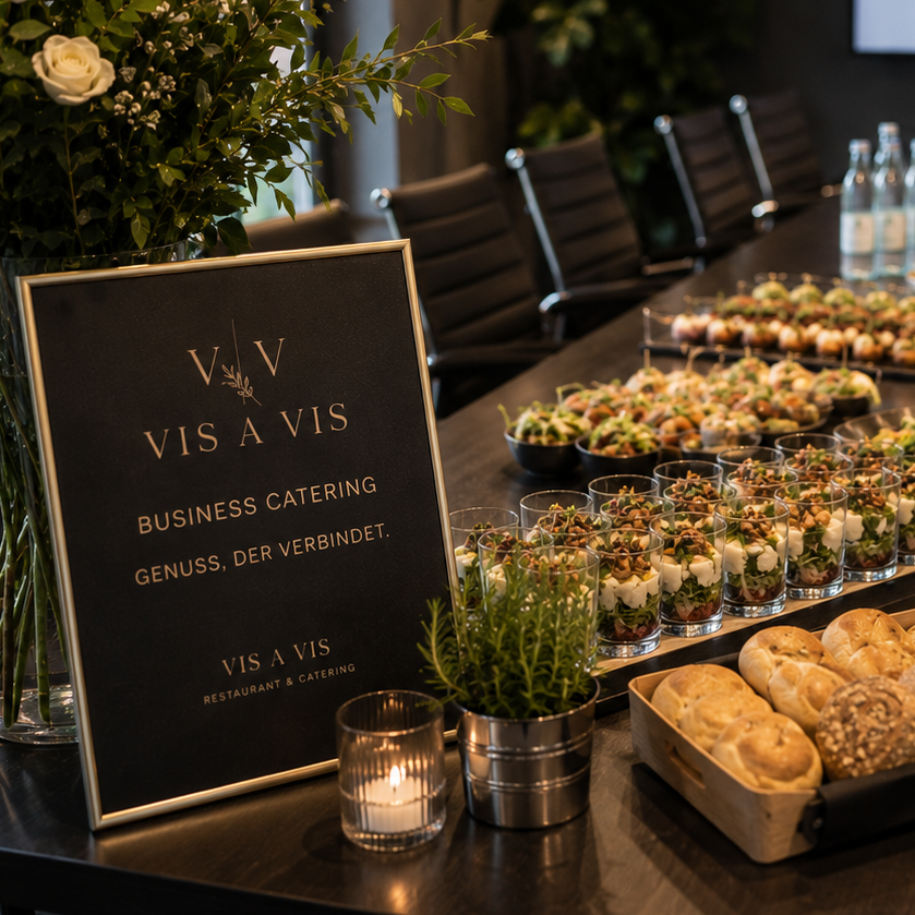 Buffet für Business Catering mit Salaten im Glas, Fingerfood und Brötchen