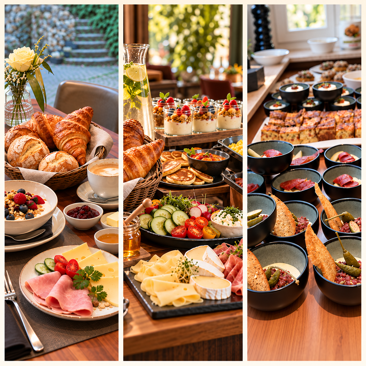 Collage mit gedecktem Frühstückstisch, Brunchbuffet und Sharing-Gerichten in kleinen Schalen im VIS A VIS in Tecklenburg.