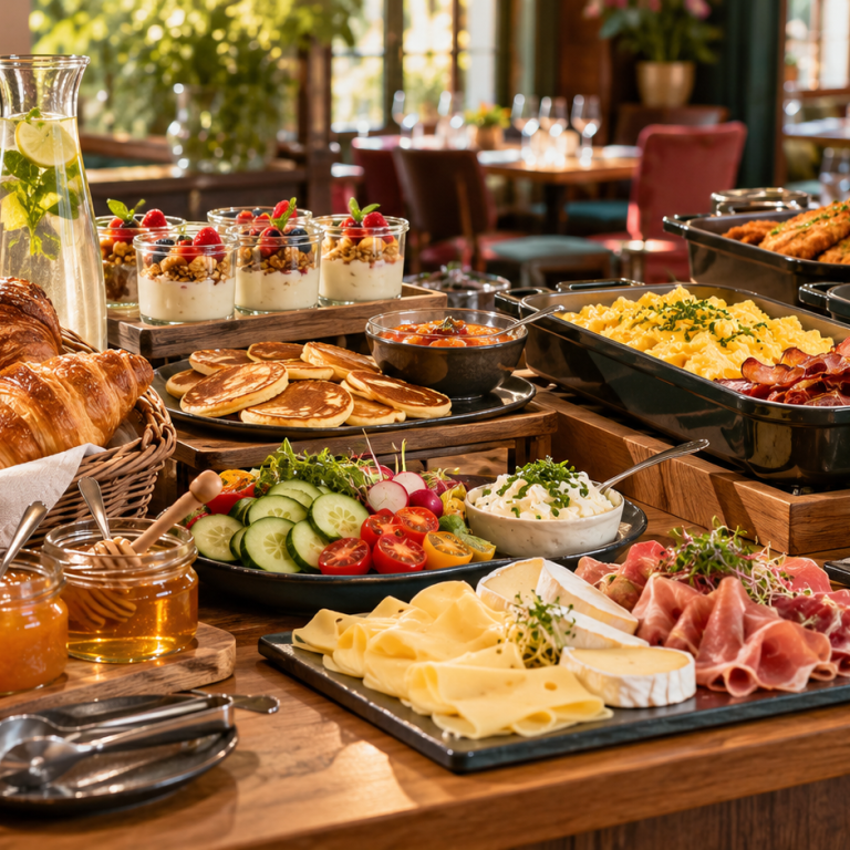 Sonntagsbrunch im VIS A VIS Brunchbuffet mit Croissants, Pancakes, Joghurtgläsern, Rührei sowie Käse- und Aufschnittplatten.